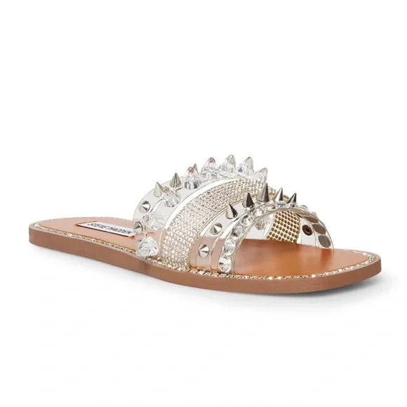 New Steve Madden Leandra Clear Embellished Slides, Sz